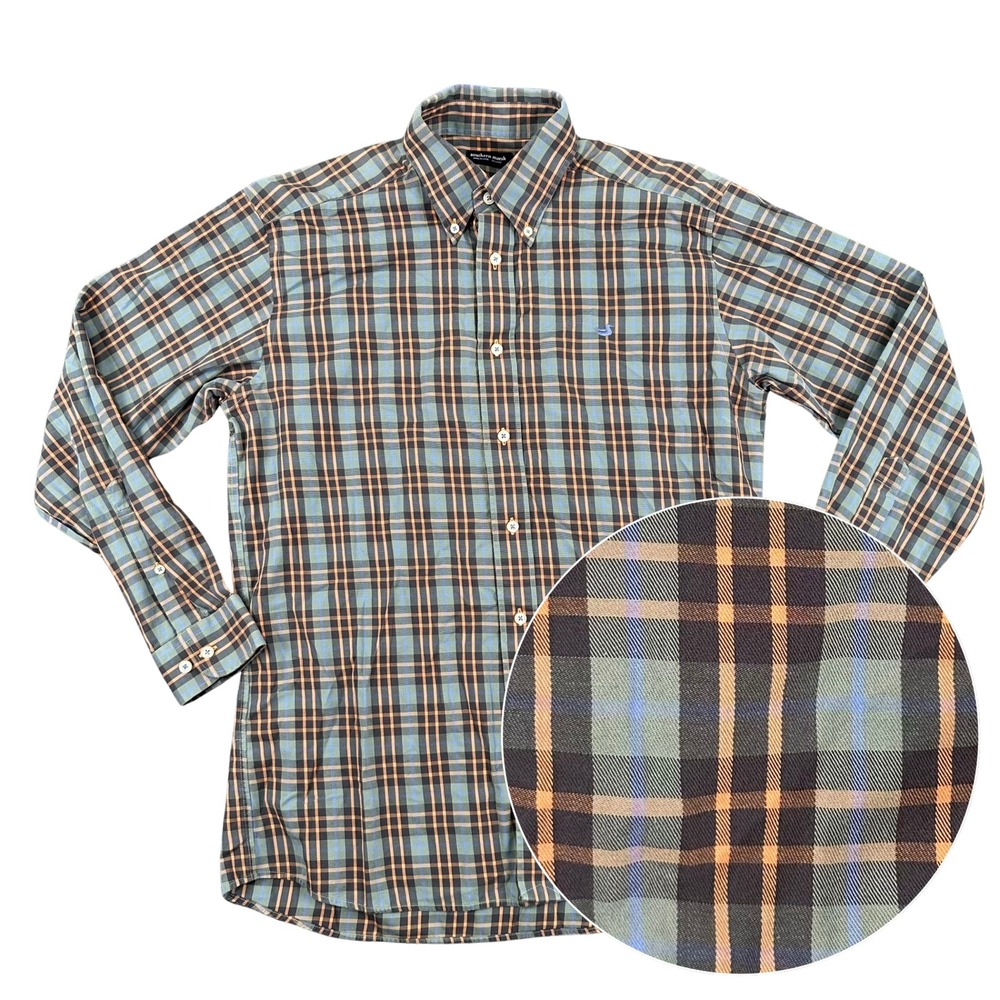 Southern Marsh Button Down Mens Medium Classic Plaid Green Orange Cotton Preppy
